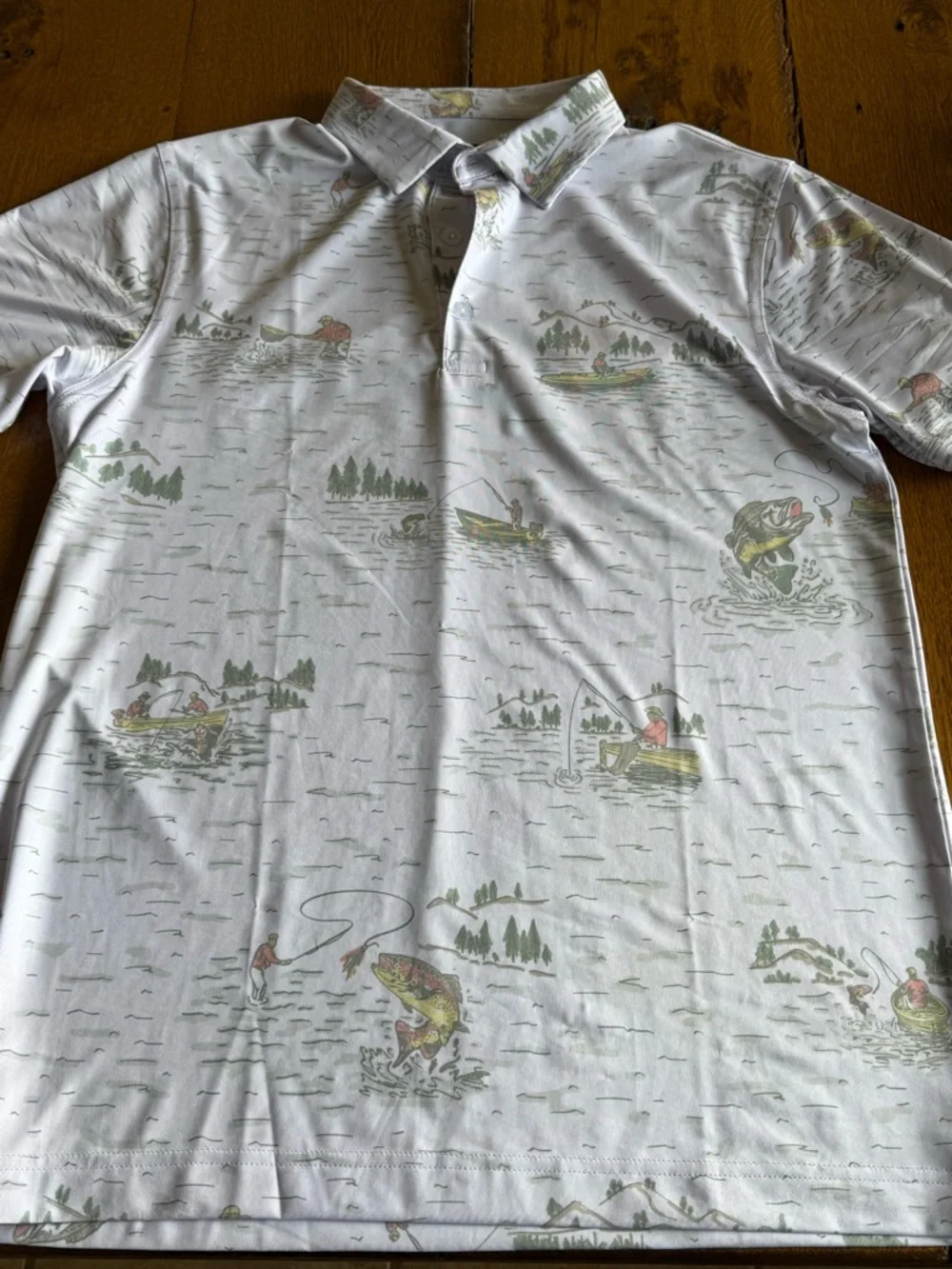 Men's White Fishing-Print Polo Shirt - Picture 1 of 4